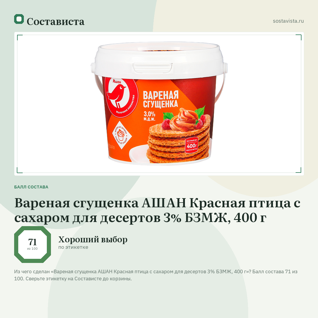 Вареная сгущенка АШАН Красная птица с сахаром для десертов 3% БЗМЖ, 400 г: балл состава 71 из 100 — Состависта