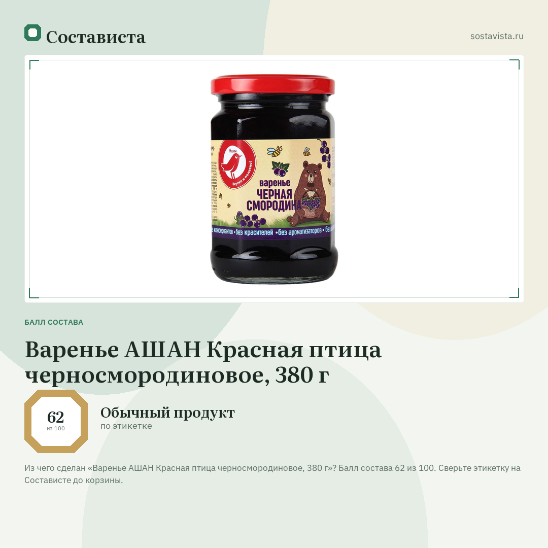 Варенье АШАН Красная птица черносмородиновое, 380 г: балл состава 62 из 100 — Состависта