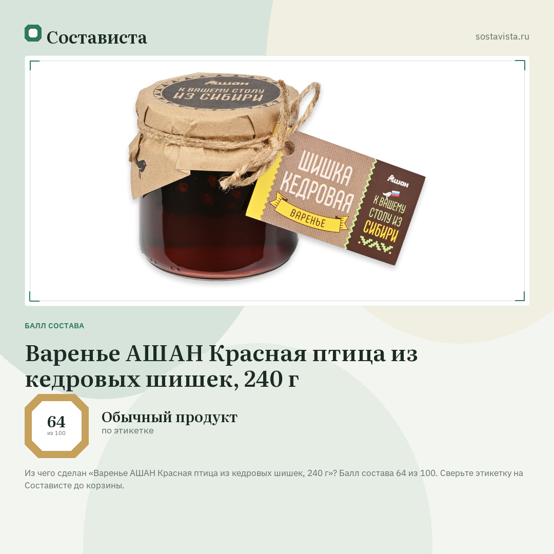 Варенье АШАН Красная птица из кедровых шишек, 240 г: балл состава 64 из 100 — Состависта
