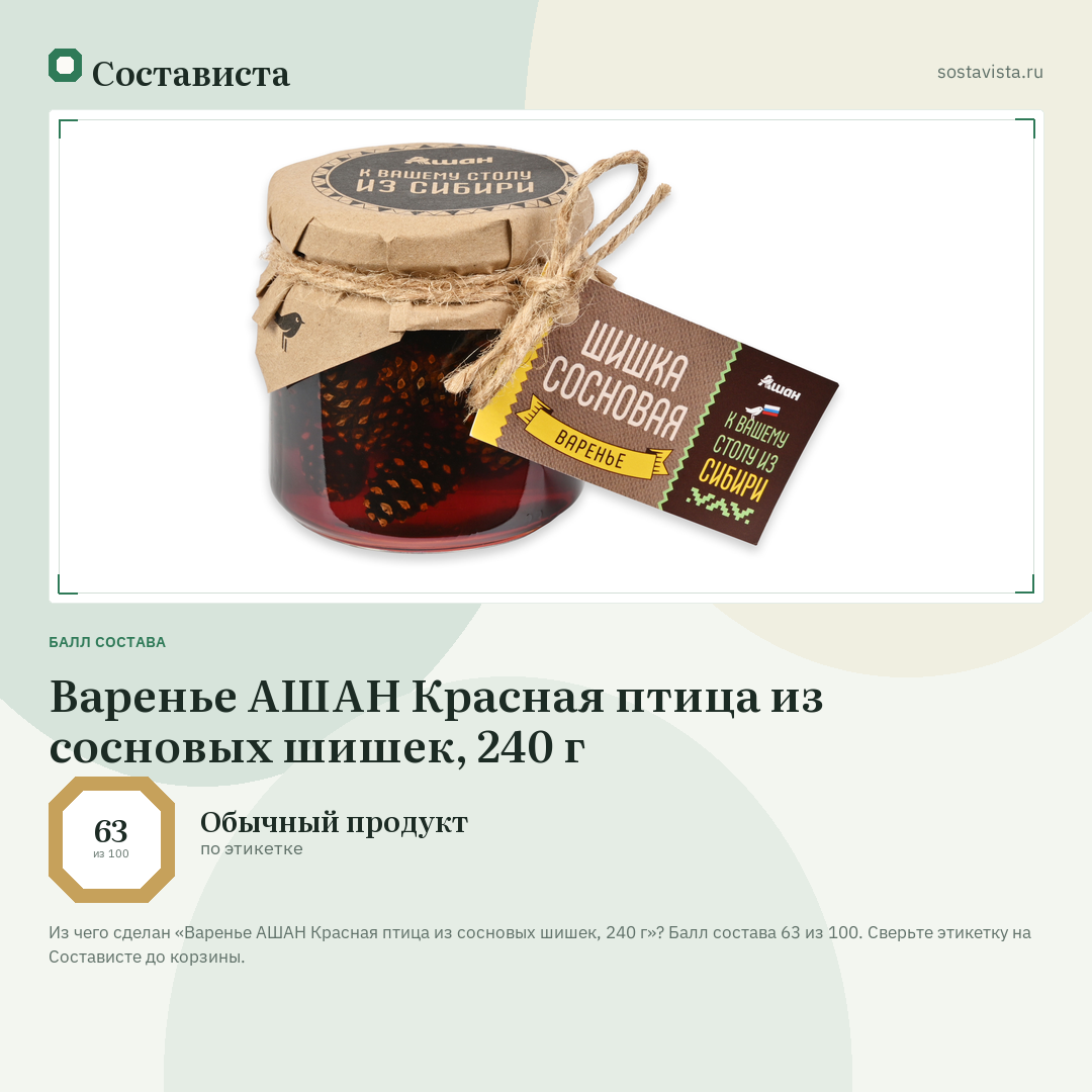 Варенье АШАН Красная птица из сосновых шишек, 240 г: балл состава 63 из 100 — Состависта