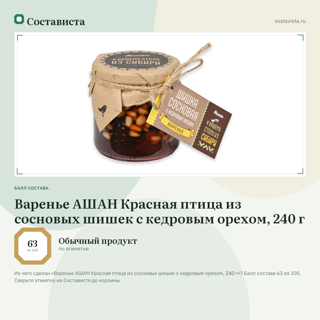 Варенье АШАН Красная птица из сосновых шишек с кедровым орехом, 240 г: балл состава 63 из 100 — Состависта