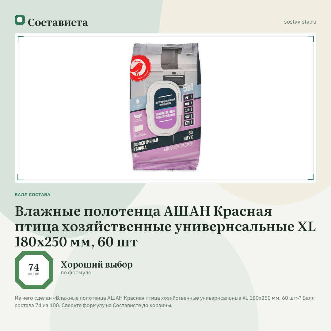 Влажные полотенца АШАН Красная птица хозяйственные универнсальные XL 180х250 мм, 60 шт: балл состава 74 из 100 — Состависта