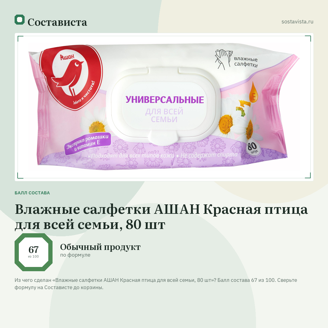 Влажные салфетки АШАН Красная птица для всей семьи, 80 шт: балл состава 67 из 100 — Состависта