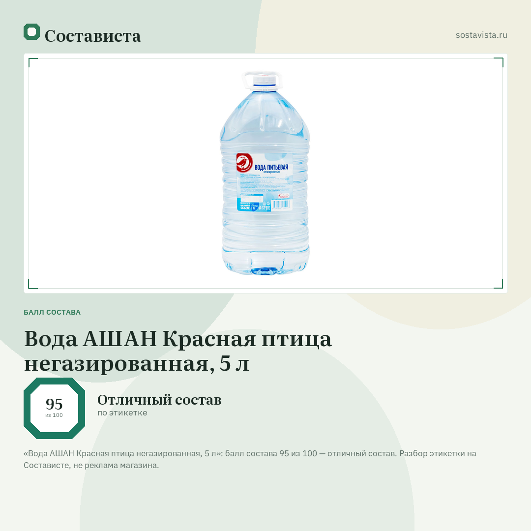 Вода АШАН Красная птица негазированная, 5 л: балл состава 95 из 100 — Состависта