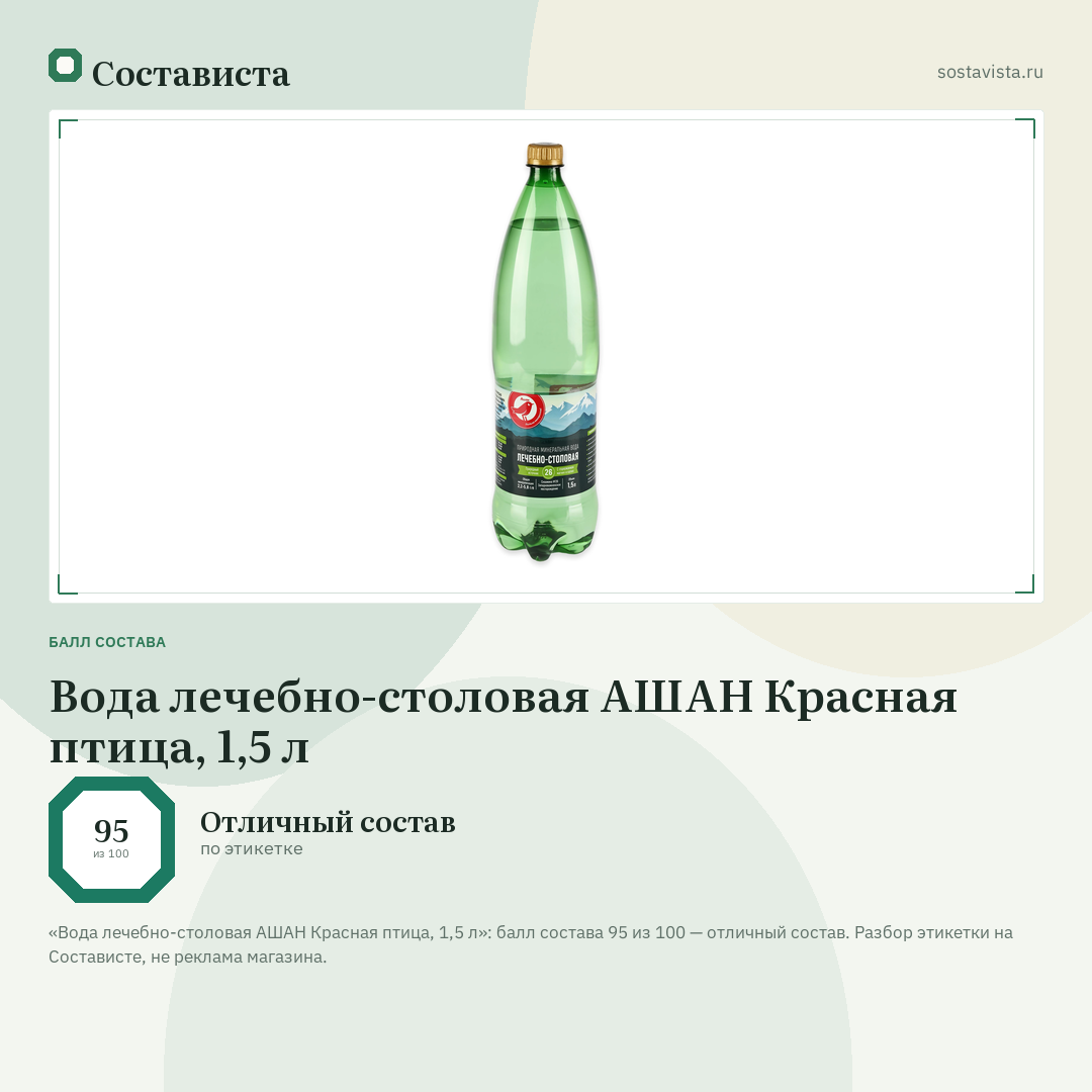 Вода лечебно-столовая АШАН Красная птица, 1,5 л: балл состава 95 из 100 — Состависта