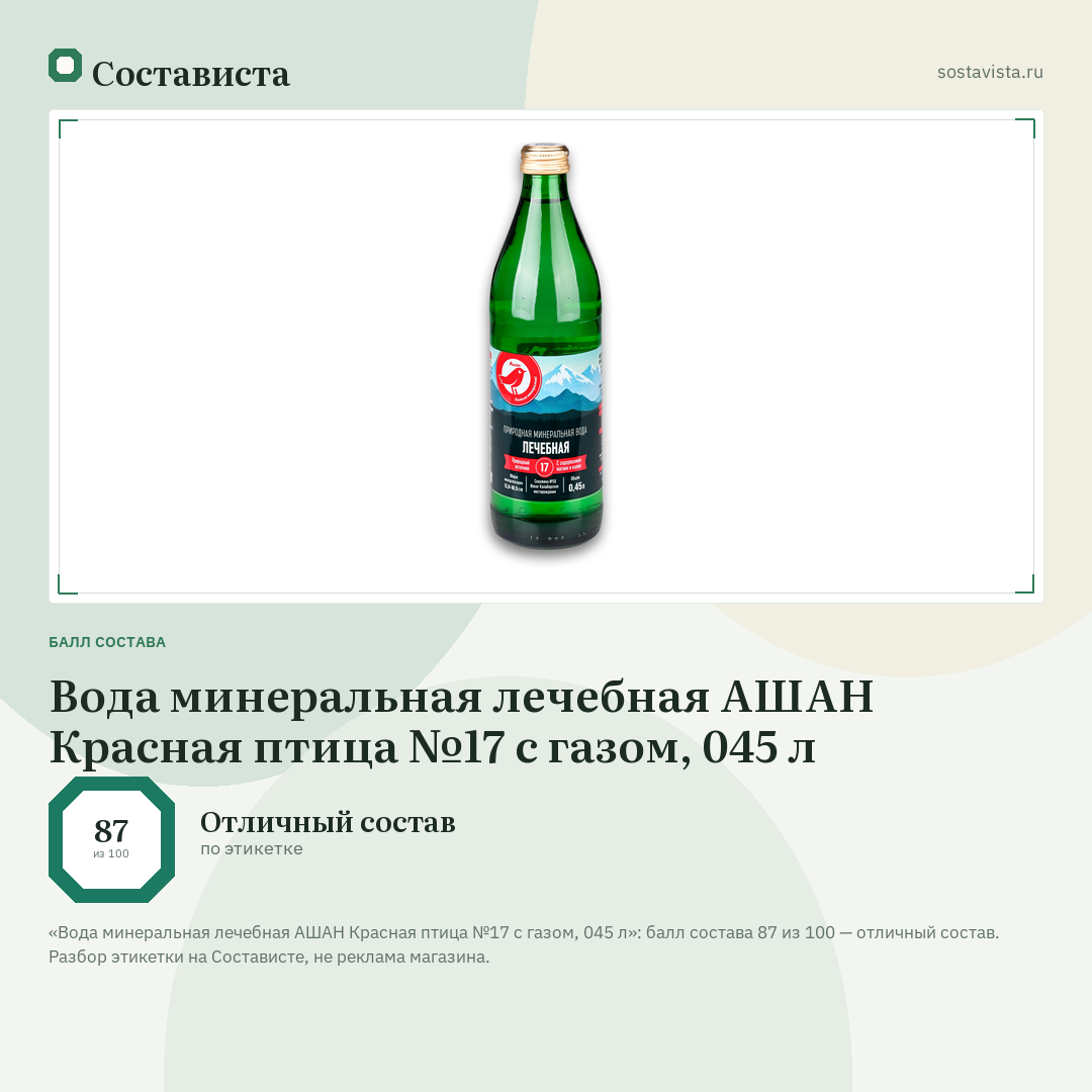 Вода минеральная лечебная АШАН Красная птица №17 с газом, 045 л: балл состава 87 из 100 — Состависта