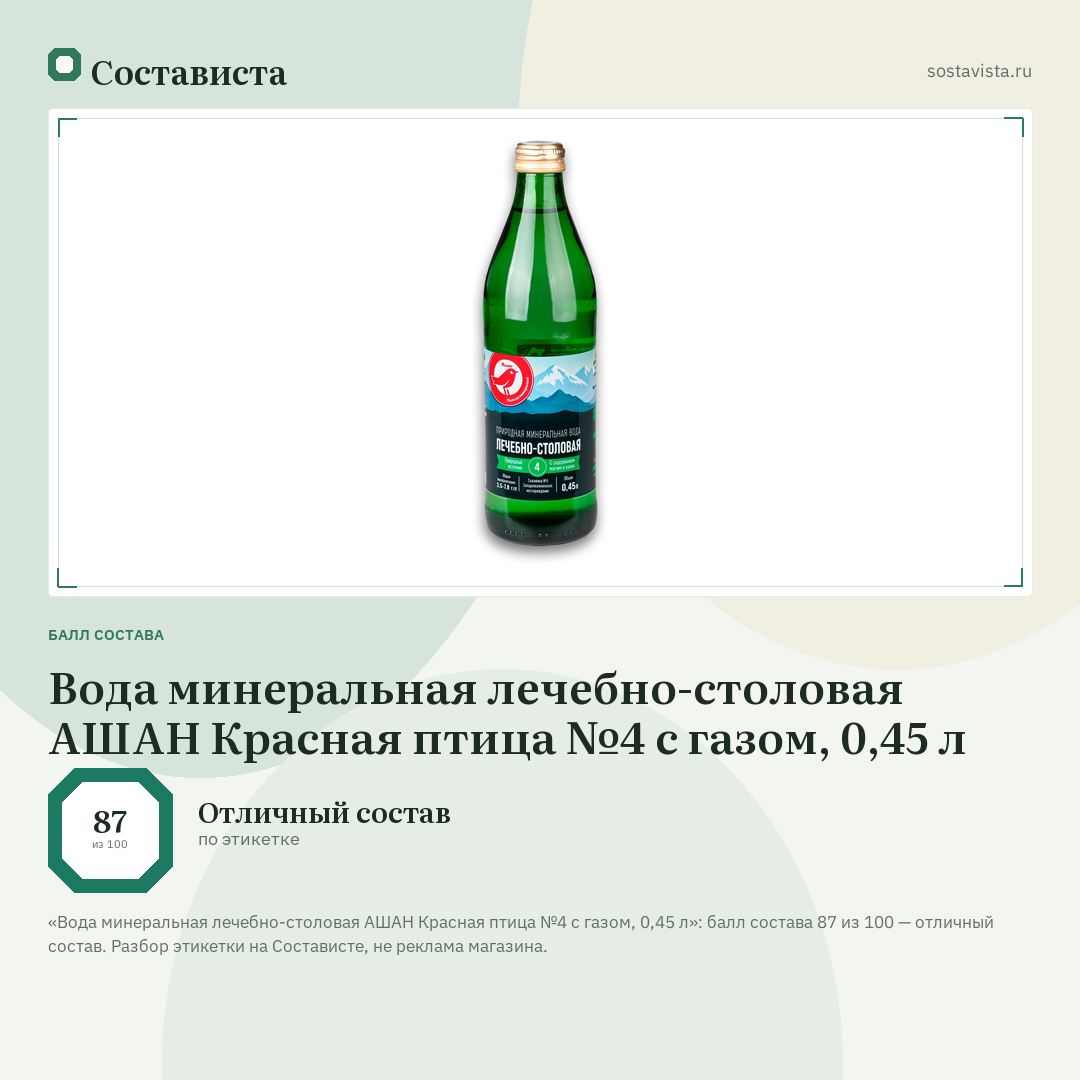 Вода минеральная лечебно-столовая АШАН Красная птица №4 с газом, 0,45 л: балл состава 87 из 100 — Состависта