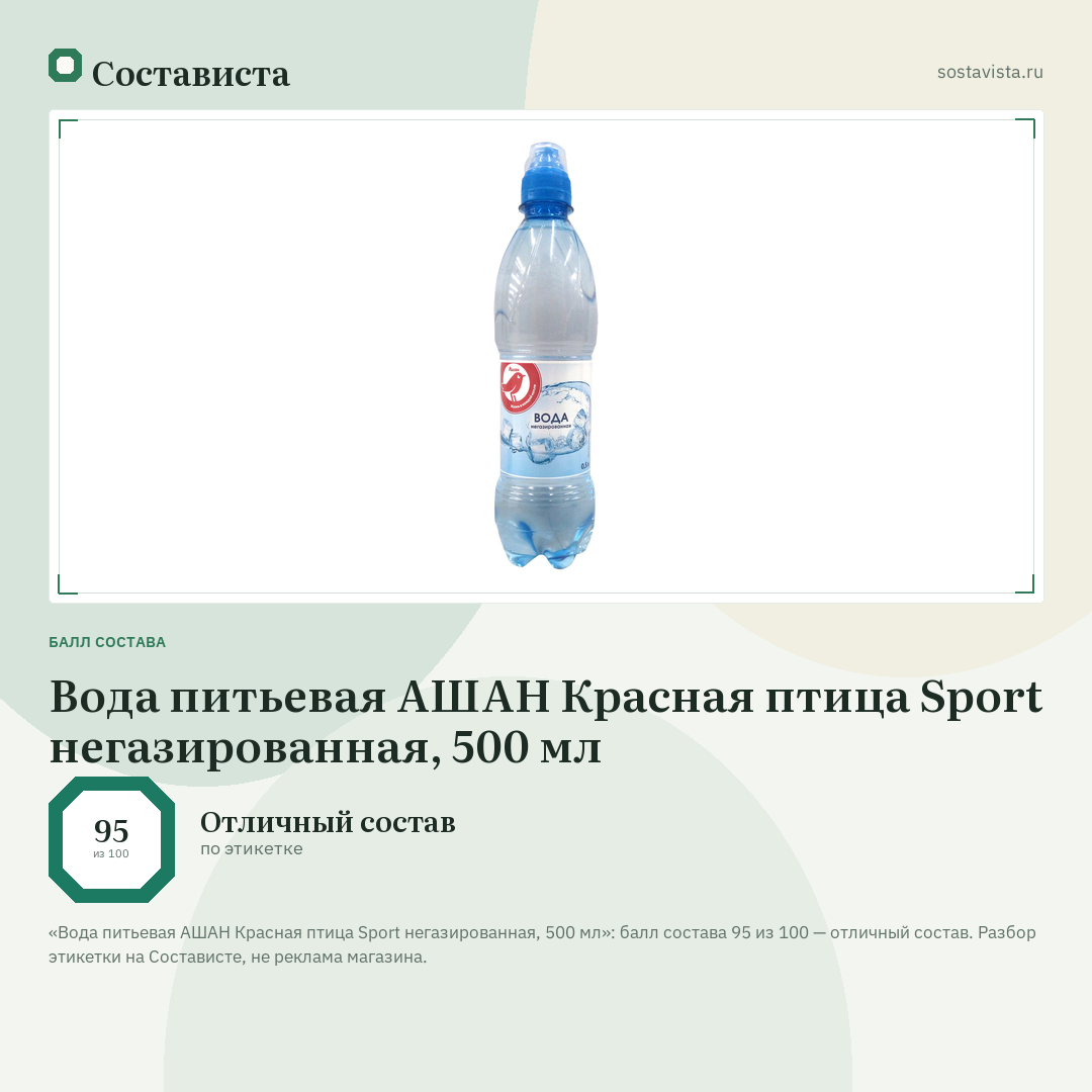 Вода питьевая АШАН Красная птица Sport негазированная, 500 мл: балл состава 95 из 100 — Состависта