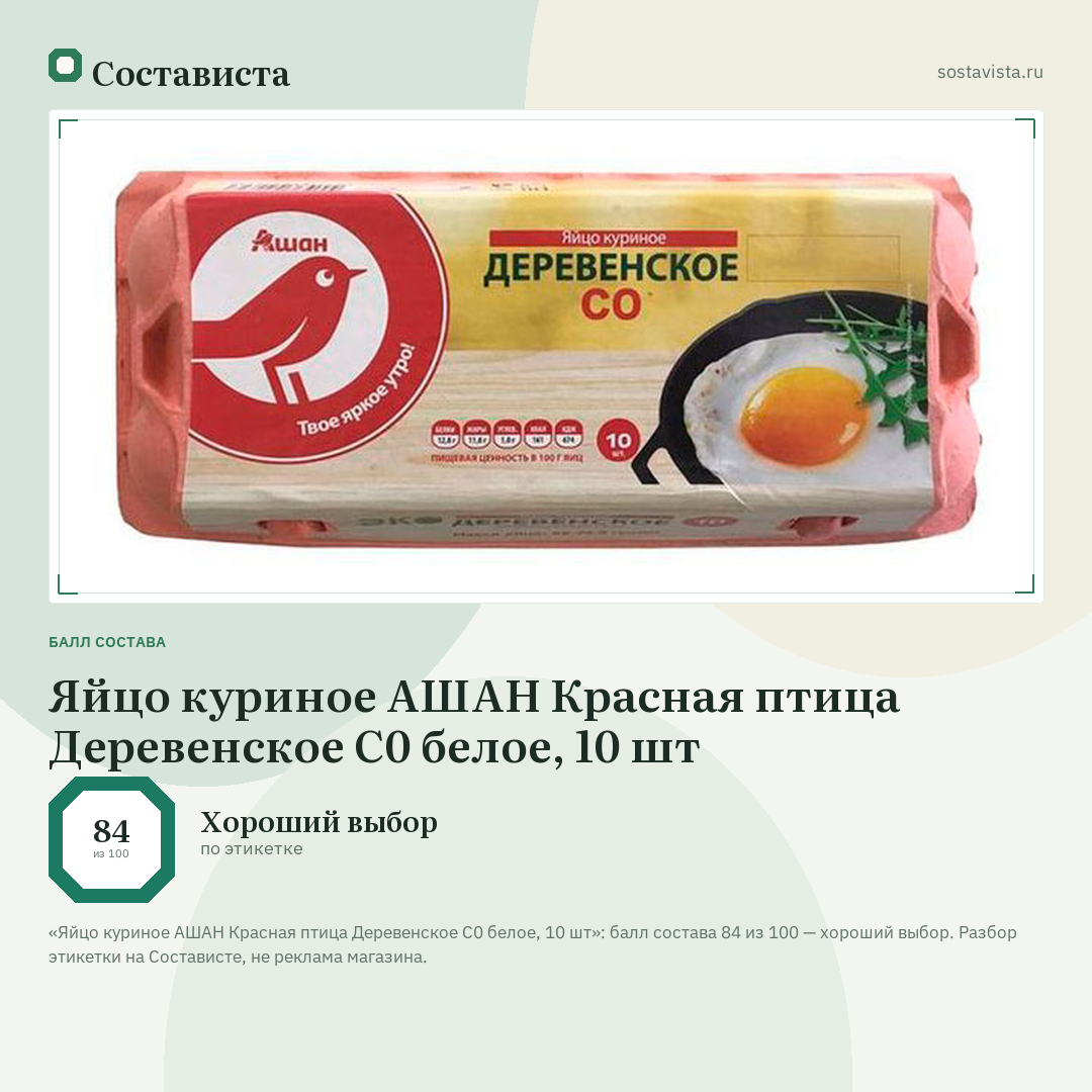 Яйцо куриное АШАН Красная птица Деревенское С0 белое, 10 шт: балл состава 84 из 100 — Состависта