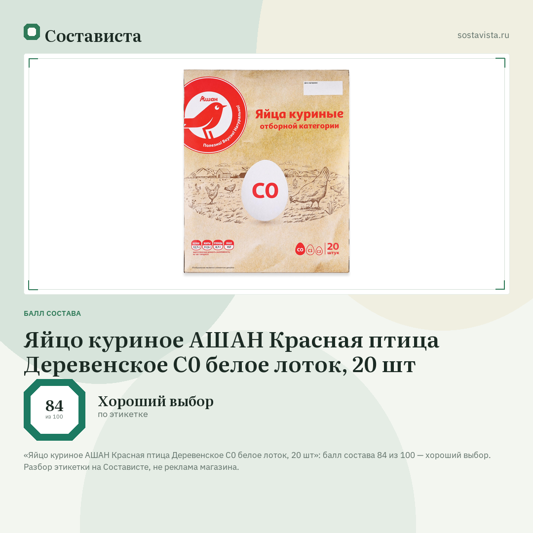 Яйцо куриное АШАН Красная птица Деревенское С0 белое лоток, 20 шт: балл состава 84 из 100 — Состависта