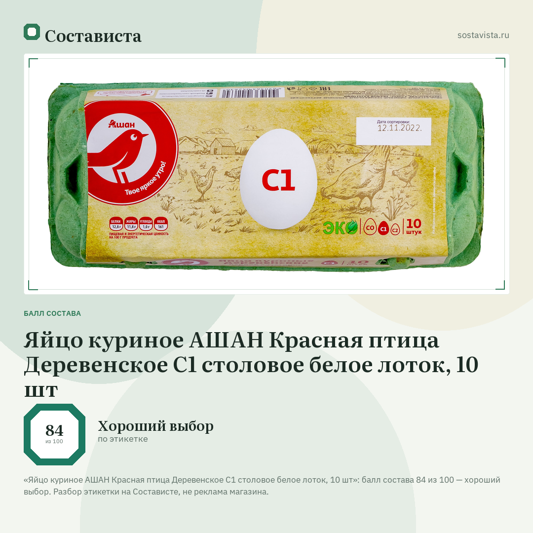 Яйцо куриное АШАН Красная птица Деревенское С1 столовое белое лоток, 10 шт: балл состава 84 из 100 — Состависта