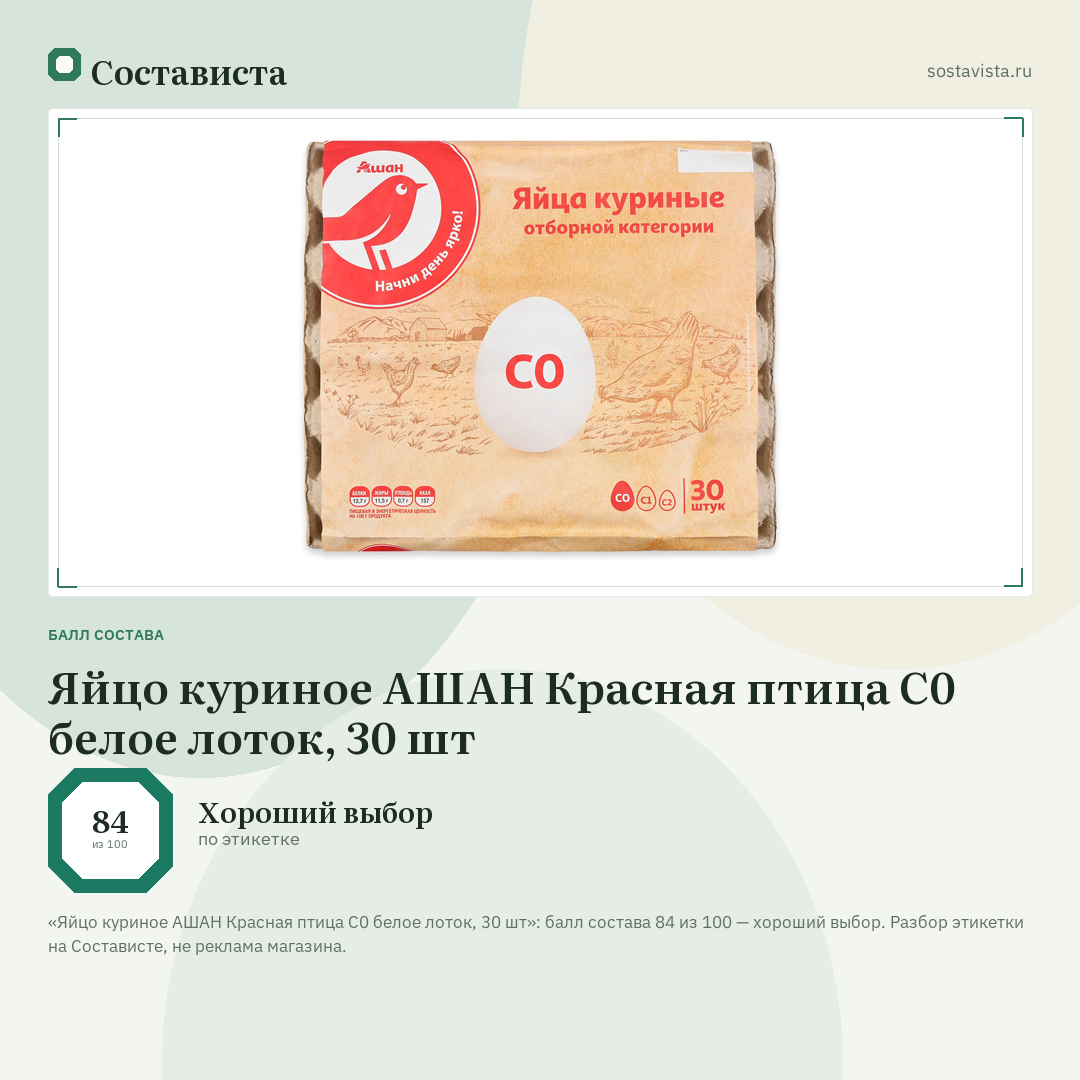 Яйцо куриное АШАН Красная птица С0 белое лоток, 30 шт: балл состава 84 из 100 — Состависта
