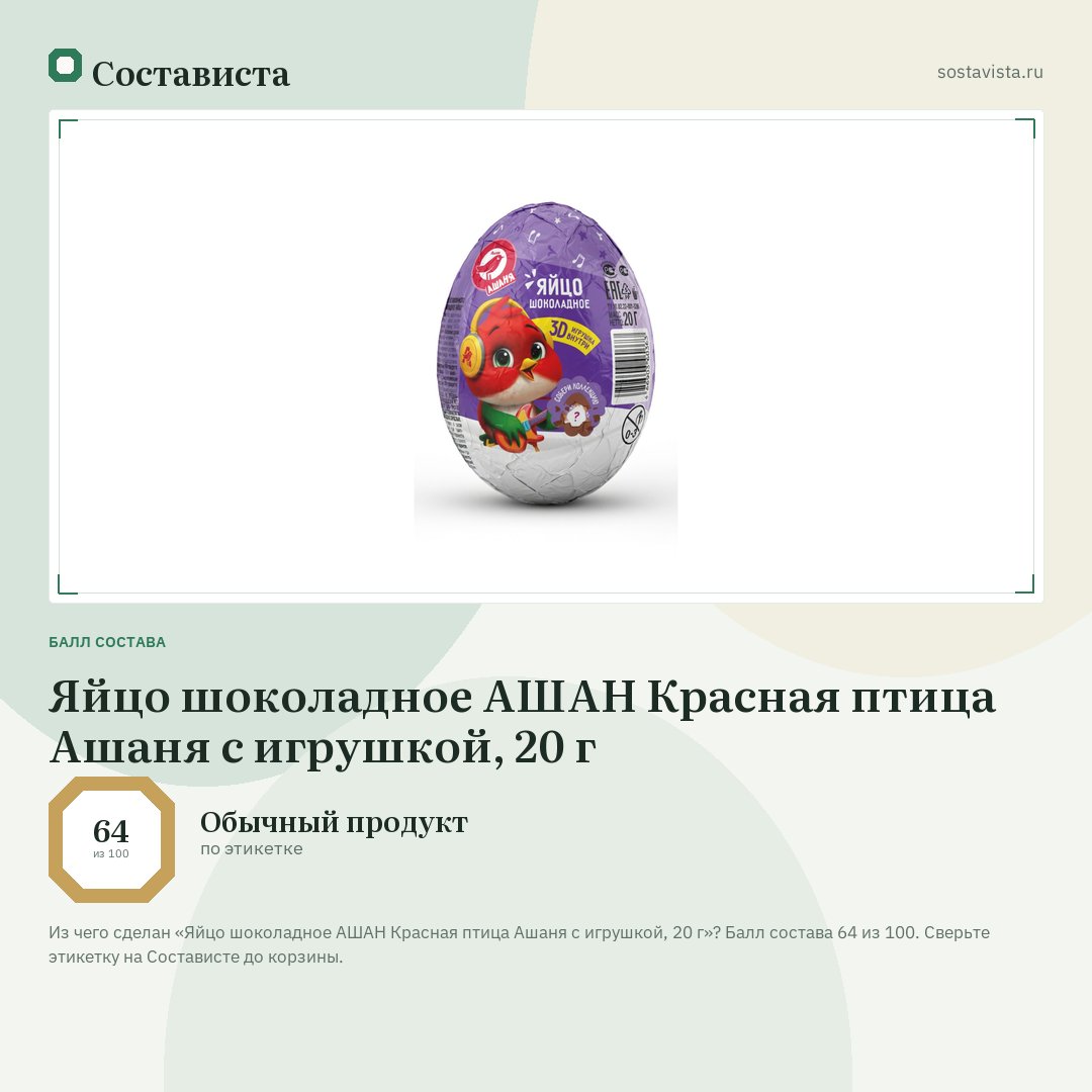 Яйцо шоколадное АШАН Красная птица Ашаня с игрушкой, 20 г: балл состава 64 из 100 — Состависта