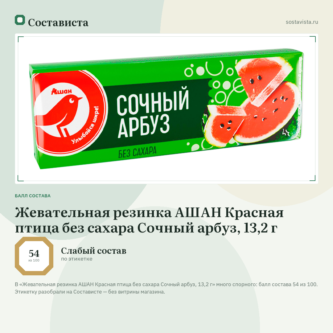 Жевательная резинка АШАН Красная птица без сахара Сочный арбуз, 13,2 г: балл состава 54 из 100 — Состависта