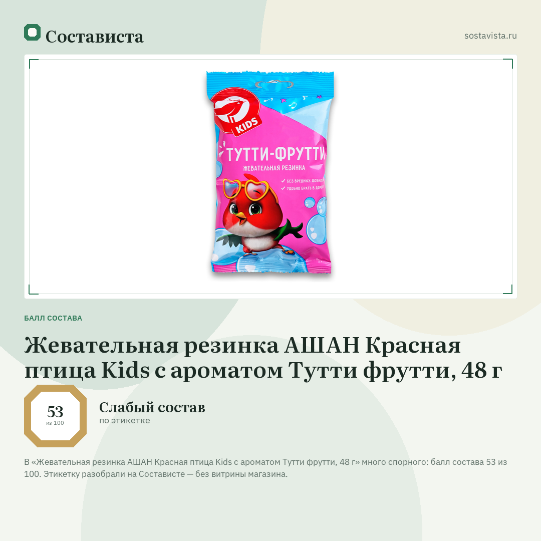 Жевательная резинка АШАН Красная птица Kids с ароматом Тутти фрутти, 48 г: балл состава 53 из 100 — Состависта