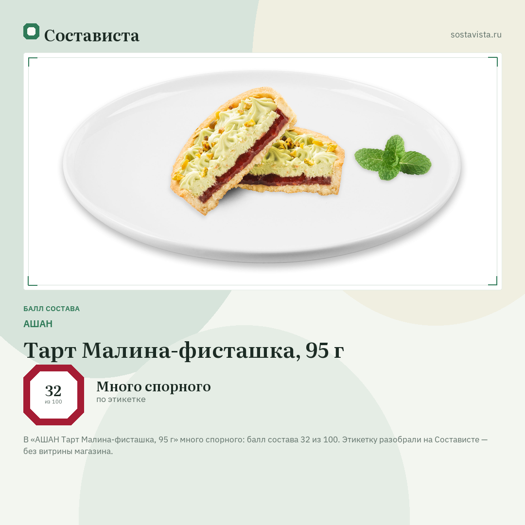 АШАН Тарт Малина-фисташка, 95 г: балл состава 32 из 100 — Состависта