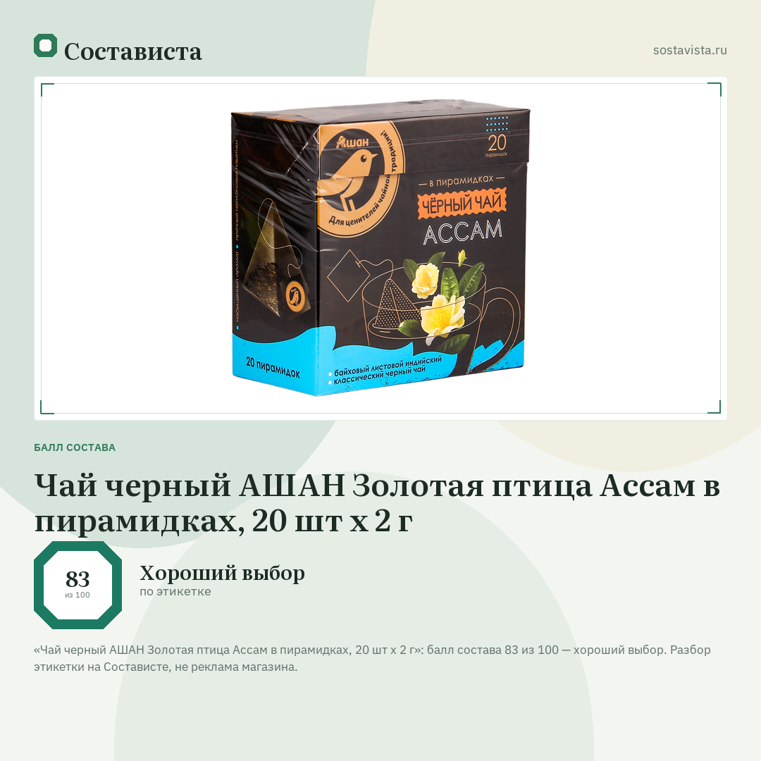 Чай черный АШАН Золотая птица Ассам в пирамидках, 20 шт х 2 г: балл состава 83 из 100 — Состависта