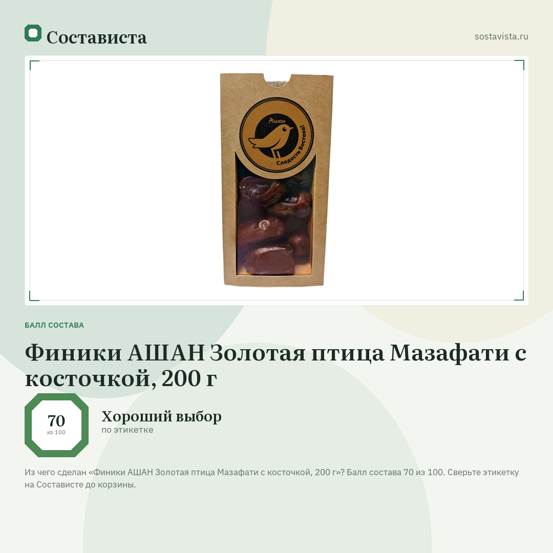 Финики АШАН Золотая птица Мазафати с косточкой, 200 г: балл состава 70 из 100 — Состависта