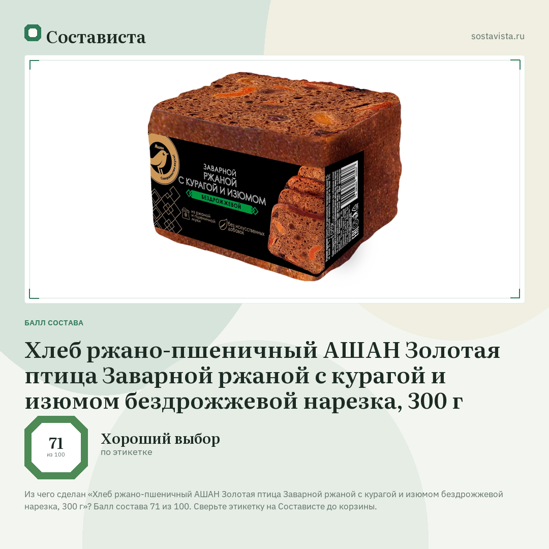 Хлеб ржано-пшеничный АШАН Золотая птица Заварной ржаной с курагой и изюмом бездрожжевой нарезка, 300 г: балл состава 71 из 100 — Состависта