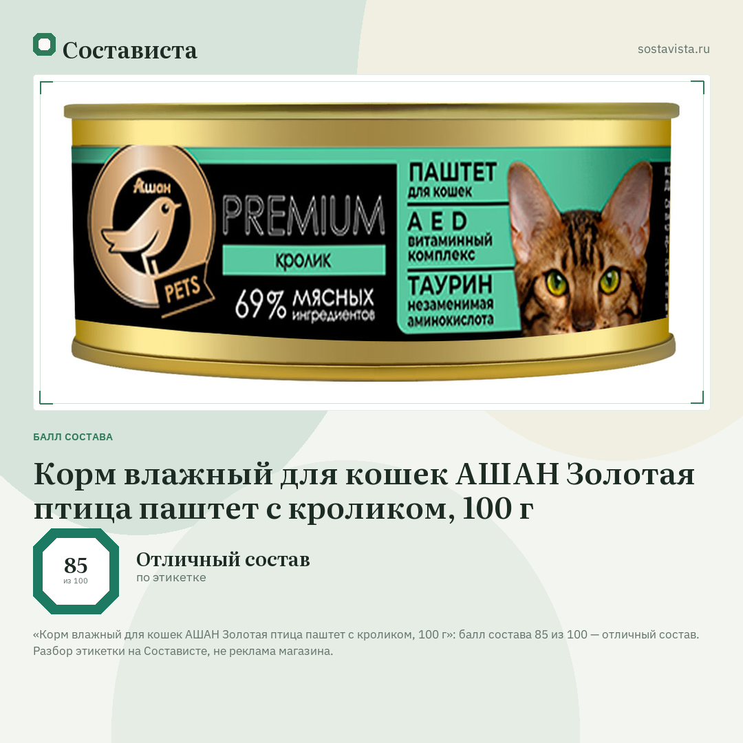 Корм влажный для кошек АШАН Золотая птица паштет с кроликом, 100 г: балл состава 85 из 100 — Состависта