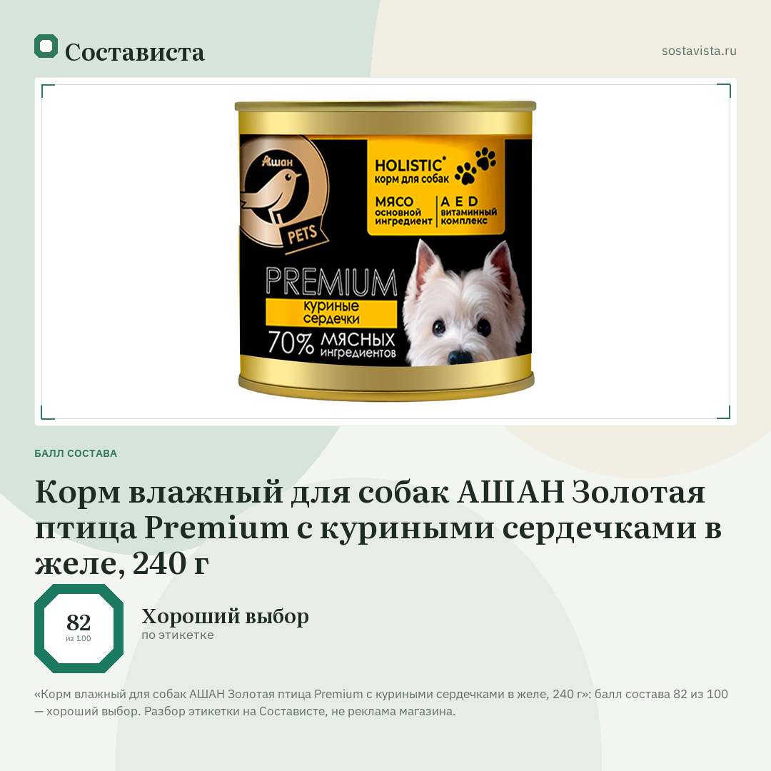 Корм влажный для собак АШАН Золотая птица Premium с куриными сердечками в желе, 240 г: балл состава 82 из 100 — Состависта