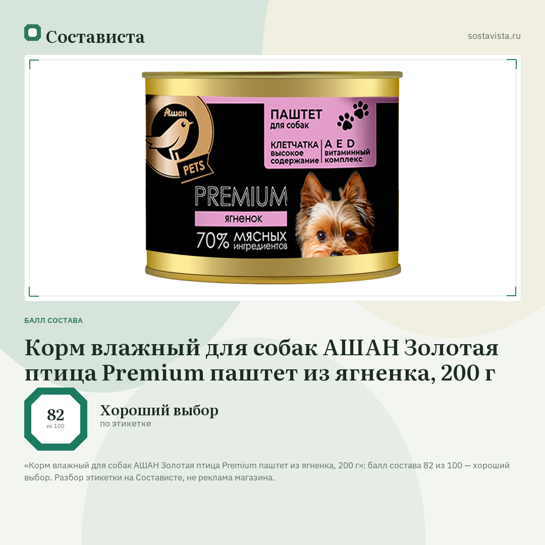 Корм влажный для собак АШАН Золотая птица Premium паштет из ягненка, 200 г: балл состава 82 из 100 — Состависта