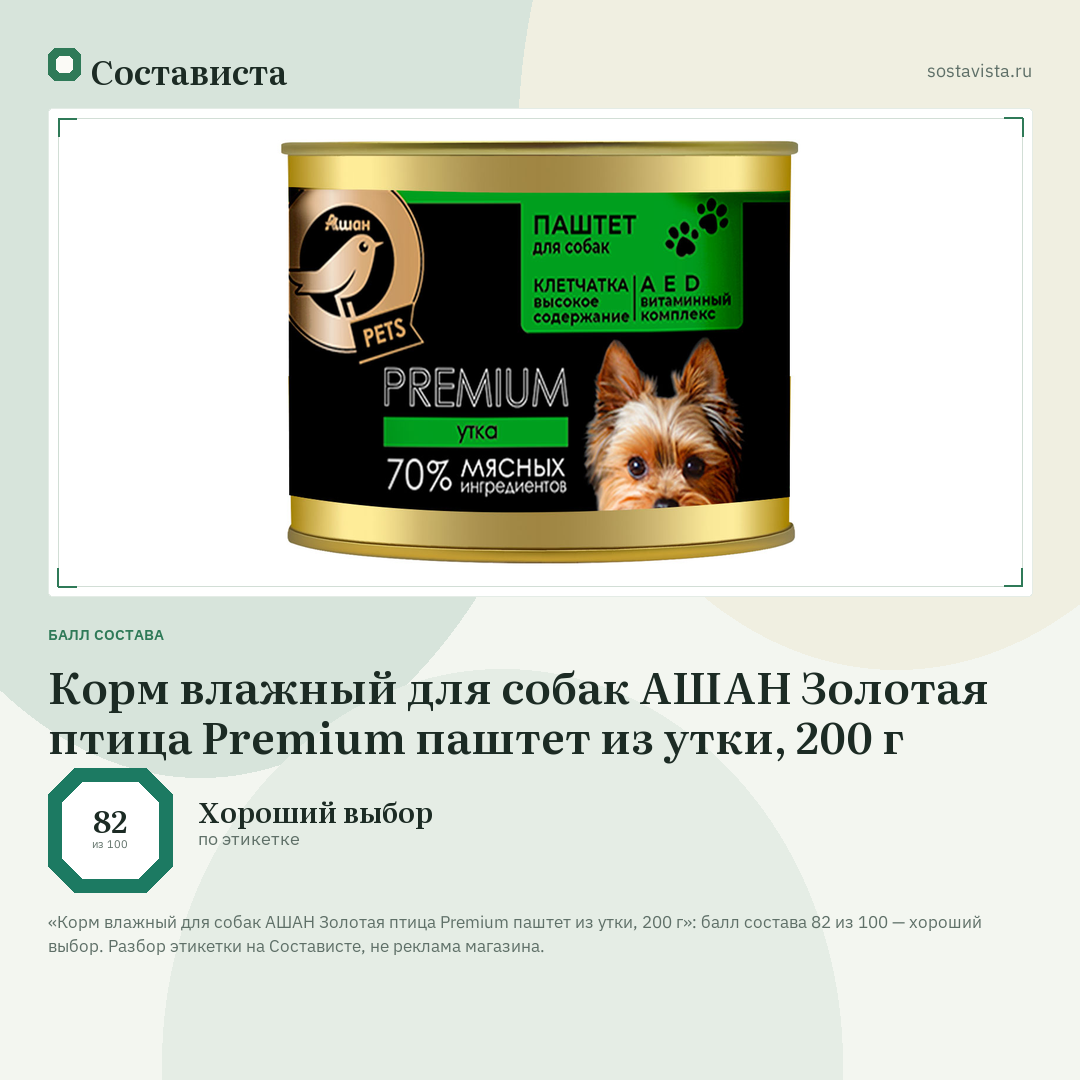 Корм влажный для собак АШАН Золотая птица Premium паштет из утки, 200 г: балл состава 82 из 100 — Состависта