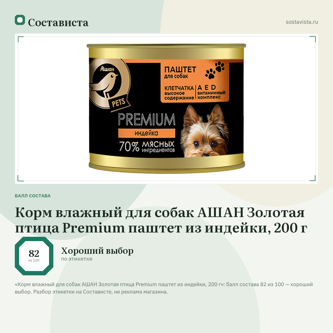 Корм влажный для собак АШАН Золотая птица Premium паштет из индейки, 200 г: балл состава 82 из 100 — Состависта