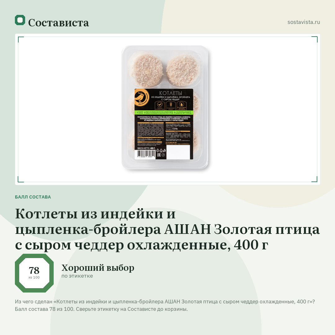 Котлеты из индейки и цыпленка-бройлера АШАН Золотая птица с сыром чеддер охлажденные, 400 г: балл состава 78 из 100 — Состависта
