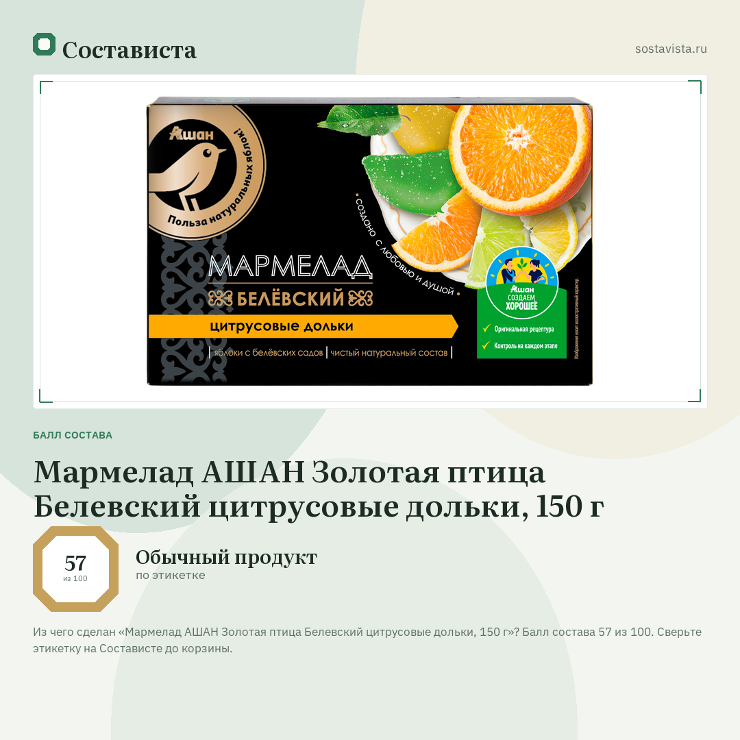 Мармелад АШАН Золотая птица Белевский цитрусовые дольки, 150 г: балл состава 57 из 100 — Состависта