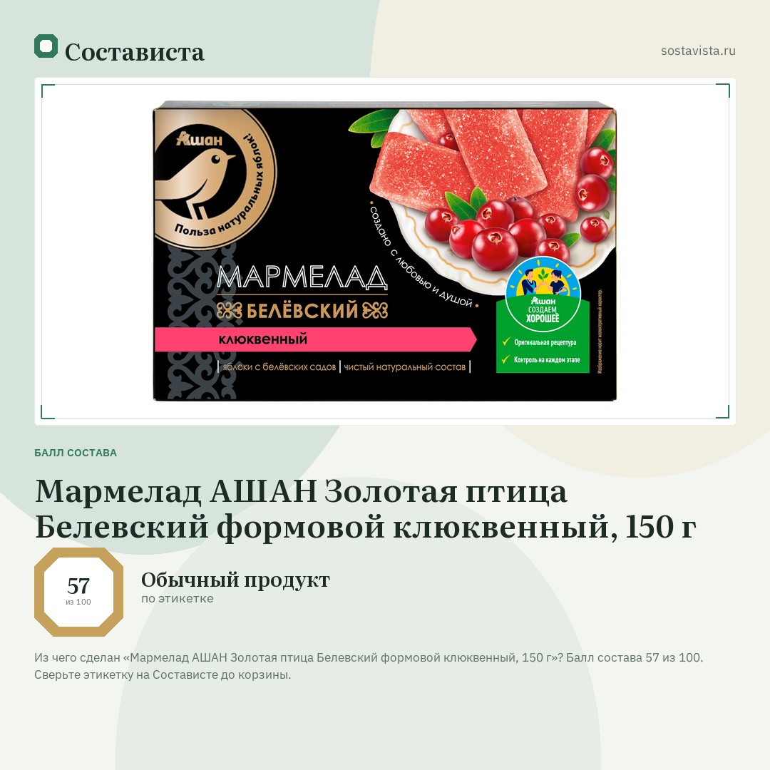 Мармелад АШАН Золотая птица Белевский формовой клюквенный, 150 г: балл состава 57 из 100 — Состависта