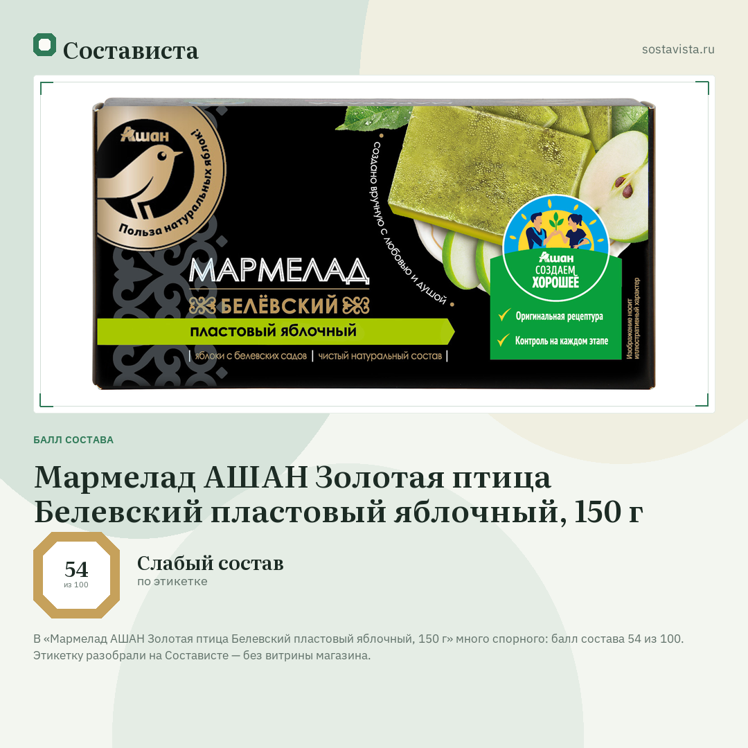 Мармелад АШАН Золотая птица Белевский пластовый яблочный, 150 г: балл состава 54 из 100 — Состависта