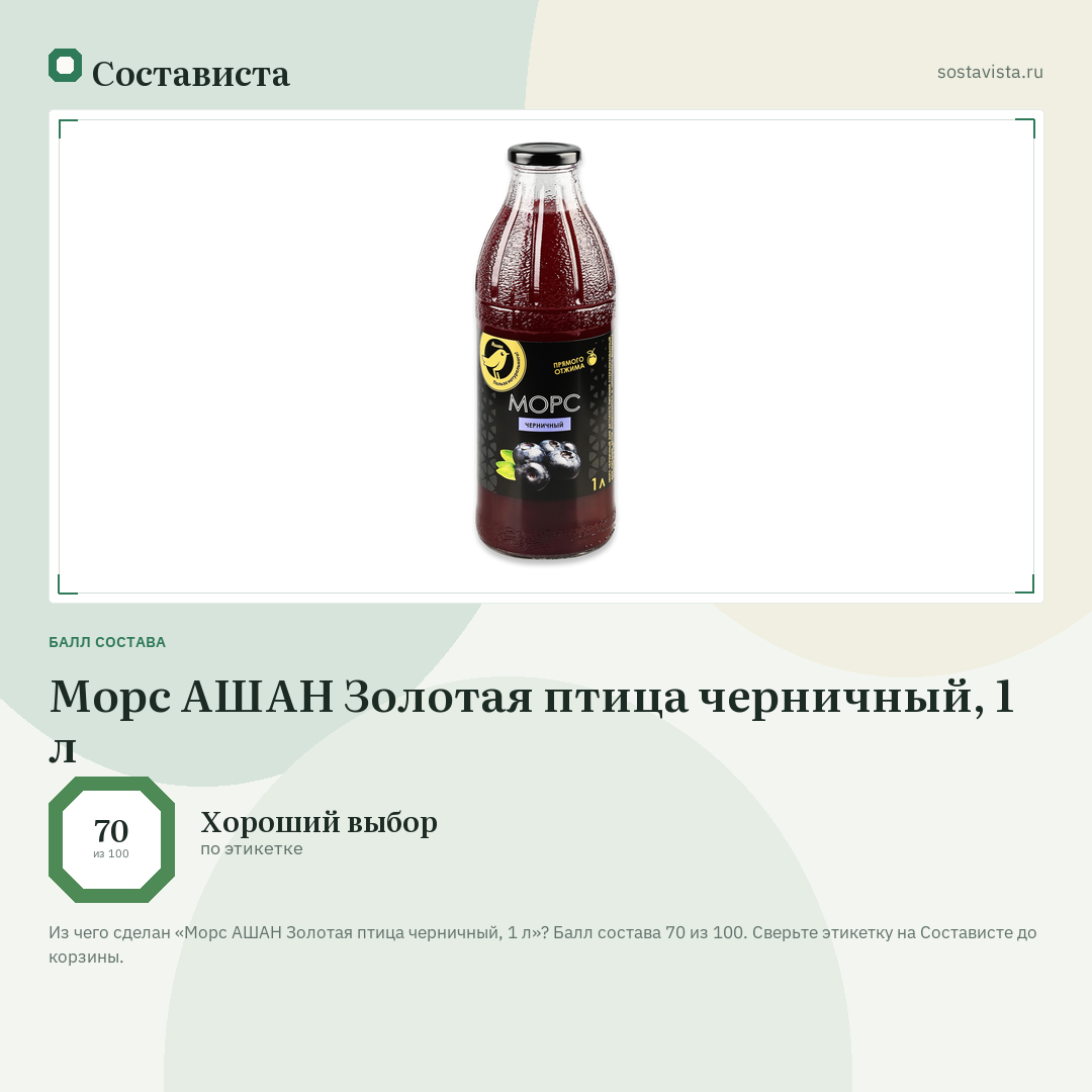Морс АШАН Золотая птица черничный, 1 л: балл состава 70 из 100 — Состависта