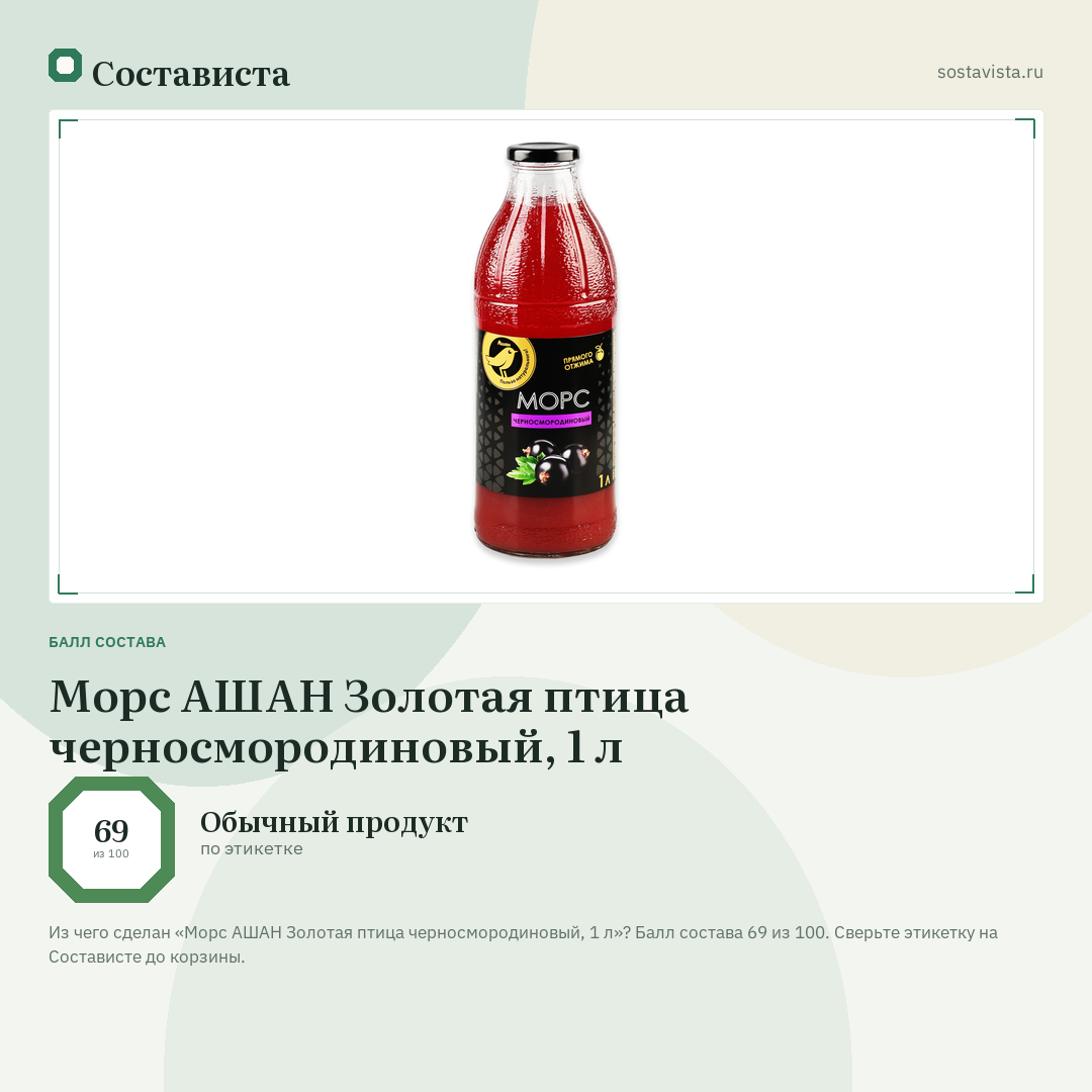 Морс АШАН Золотая птица черносмородиновый, 1 л: балл состава 69 из 100 — Состависта