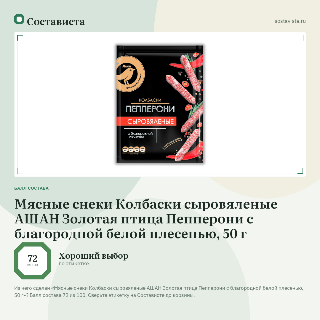 Мясные снеки Колбаски сыровяленые АШАН Золотая птица Пепперони с благородной белой плесенью, 50 г: балл состава 72 из 100 — Состависта
