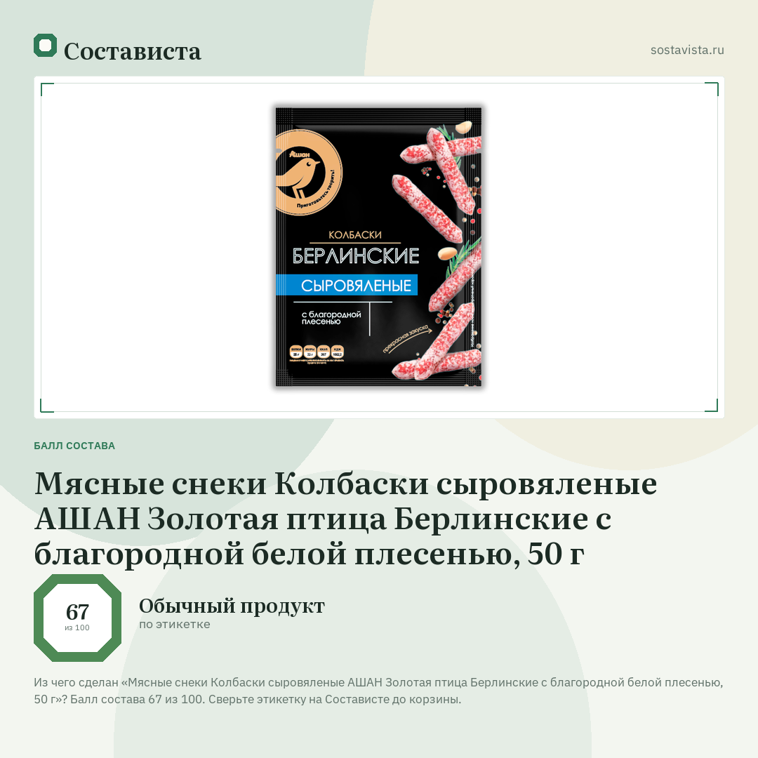 Мясные снеки Колбаски сыровяленые АШАН Золотая птица Берлинские с благородной белой плесенью, 50 г: балл состава 67 из 100 — Состависта