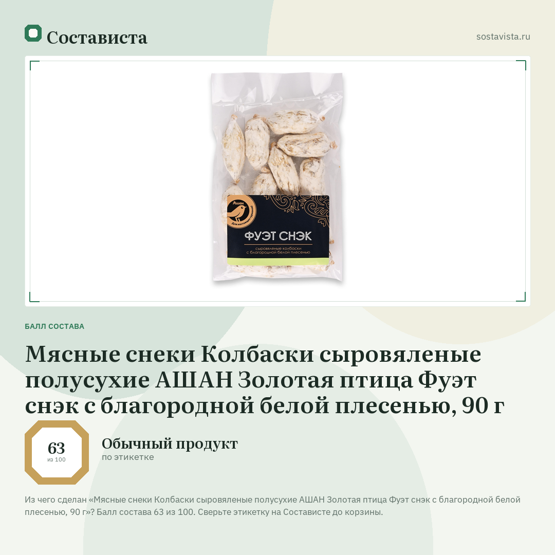 Мясные снеки Колбаски сыровяленые полусухие АШАН Золотая птица Фуэт снэк с благородной белой плесенью, 90 г: балл состава 63 из 100 — Состависта