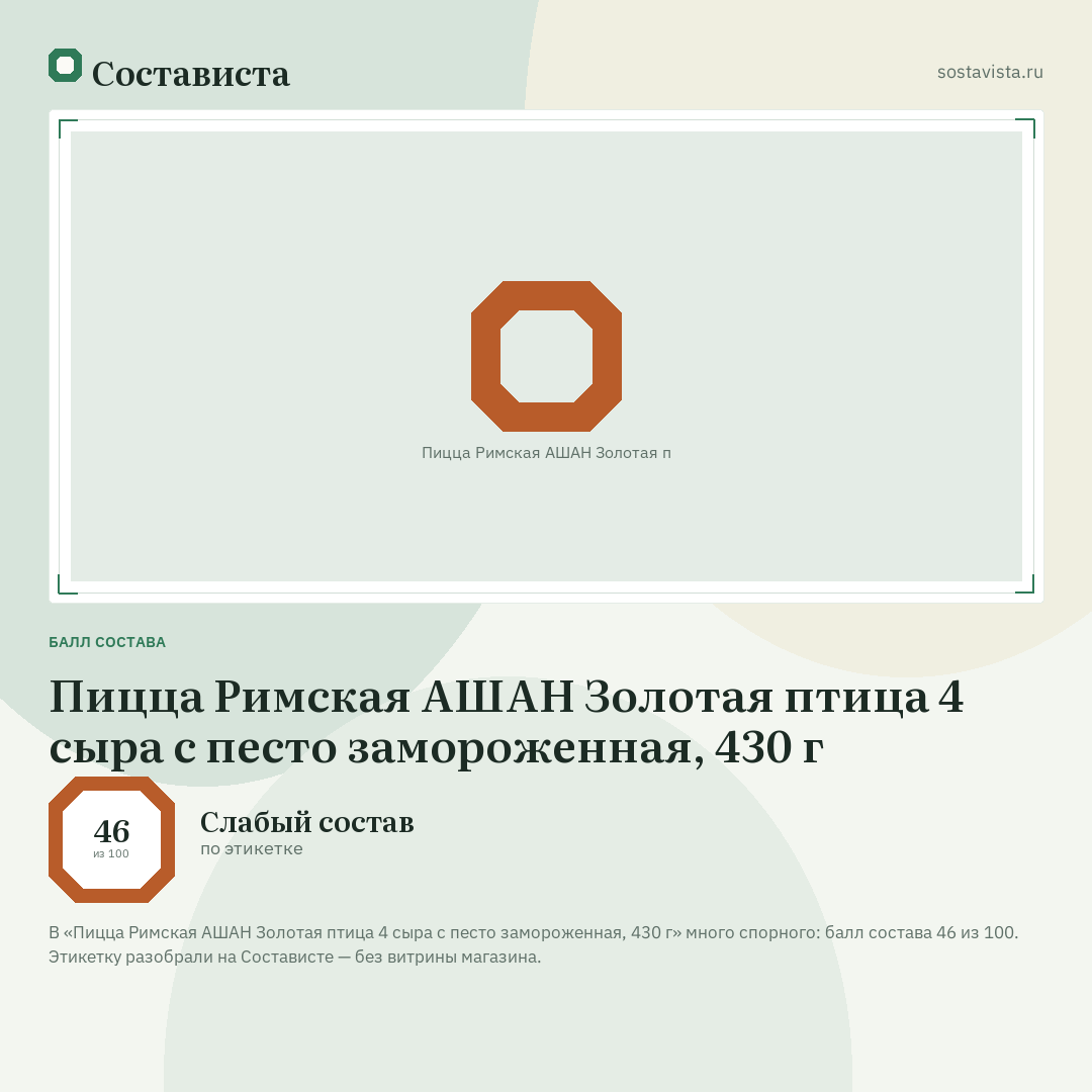 Пицца Римская АШАН Золотая птица 4 сыра с песто замороженная, 430 г: балл состава 46 из 100 — Состависта