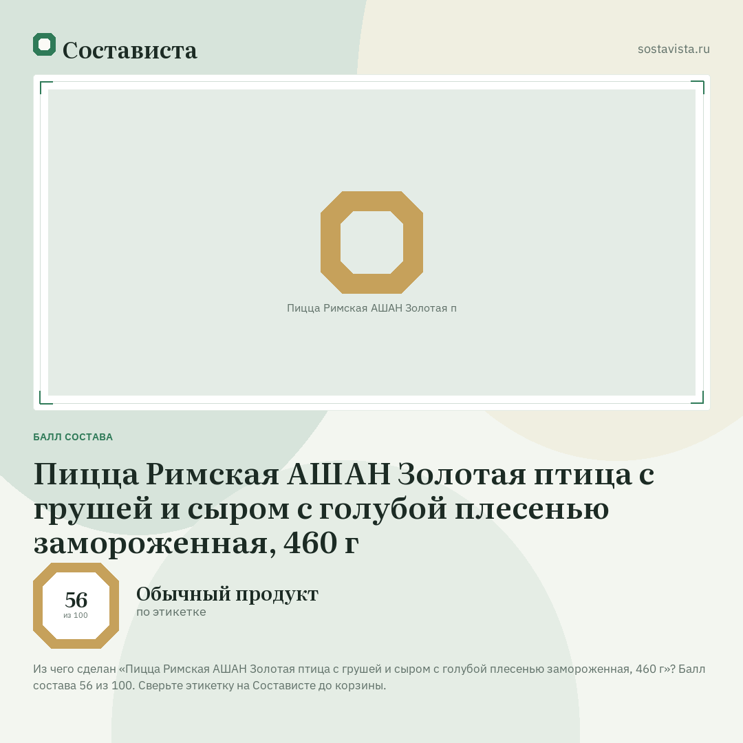Пицца Римская АШАН Золотая птица с грушей и сыром с голубой плесенью замороженная, 460 г: балл состава 56 из 100 — Состависта