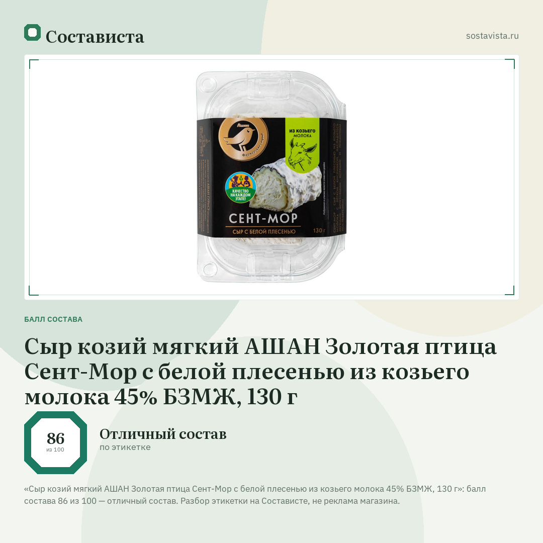 Сыр козий мягкий АШАН Золотая птица Сент-Мор с белой плесенью из козьего молока 45% БЗМЖ, 130 г: балл состава 86 из 100 — Состависта