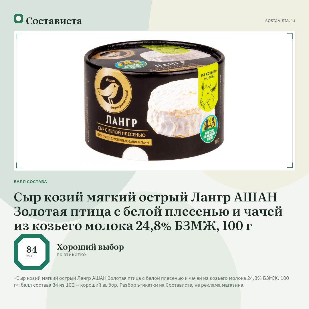 Сыр козий мягкий острый Лангр АШАН Золотая птица с белой плесенью и чачей из козьего молока 24,8% БЗМЖ, 100 г: балл состава 84 из 100 — Состависта