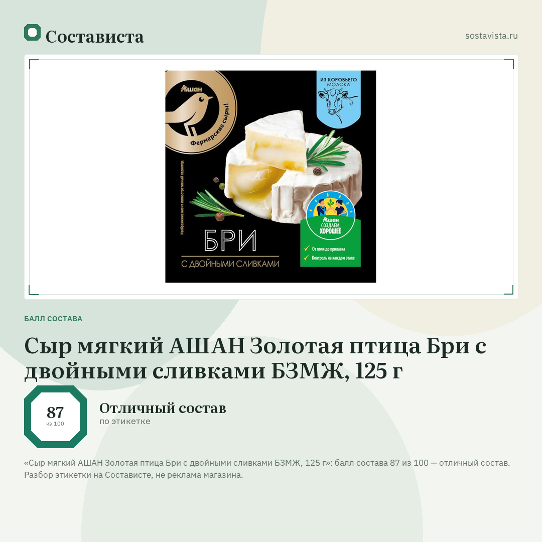 Сыр мягкий АШАН Золотая птица Бри с двойными сливками БЗМЖ, 125 г: балл состава 87 из 100 — Состависта