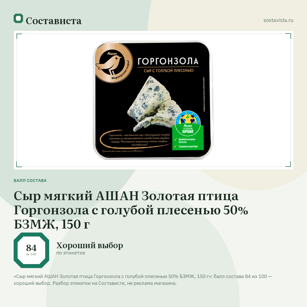 Сыр мягкий АШАН Золотая птица Горгонзола с голубой плесенью 50% БЗМЖ, 150 г: балл состава 84 из 100 — Состависта