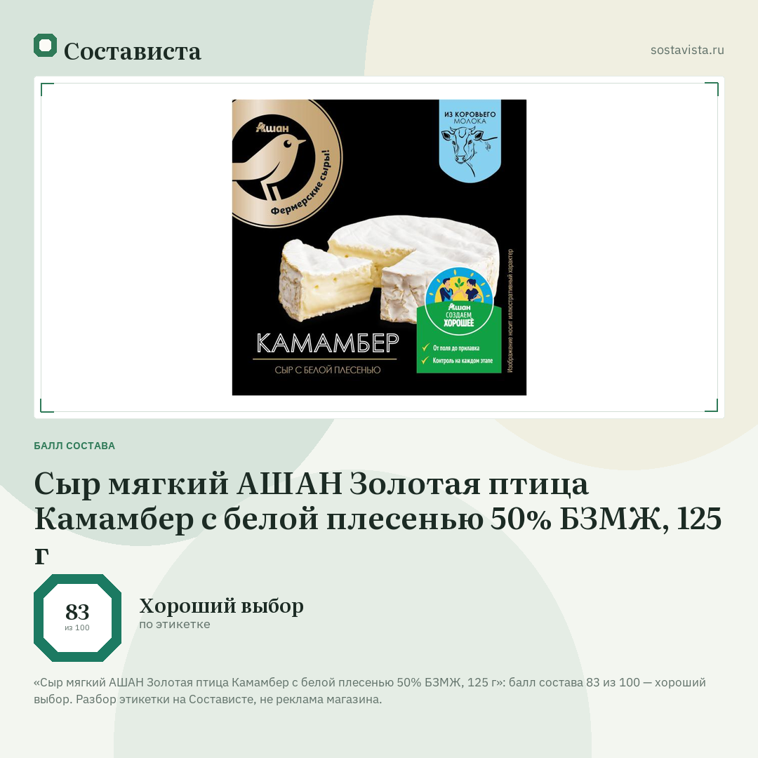 Сыр мягкий АШАН Золотая птица Камамбер с белой плесенью 50% БЗМЖ, 125 г: балл состава 83 из 100 — Состависта