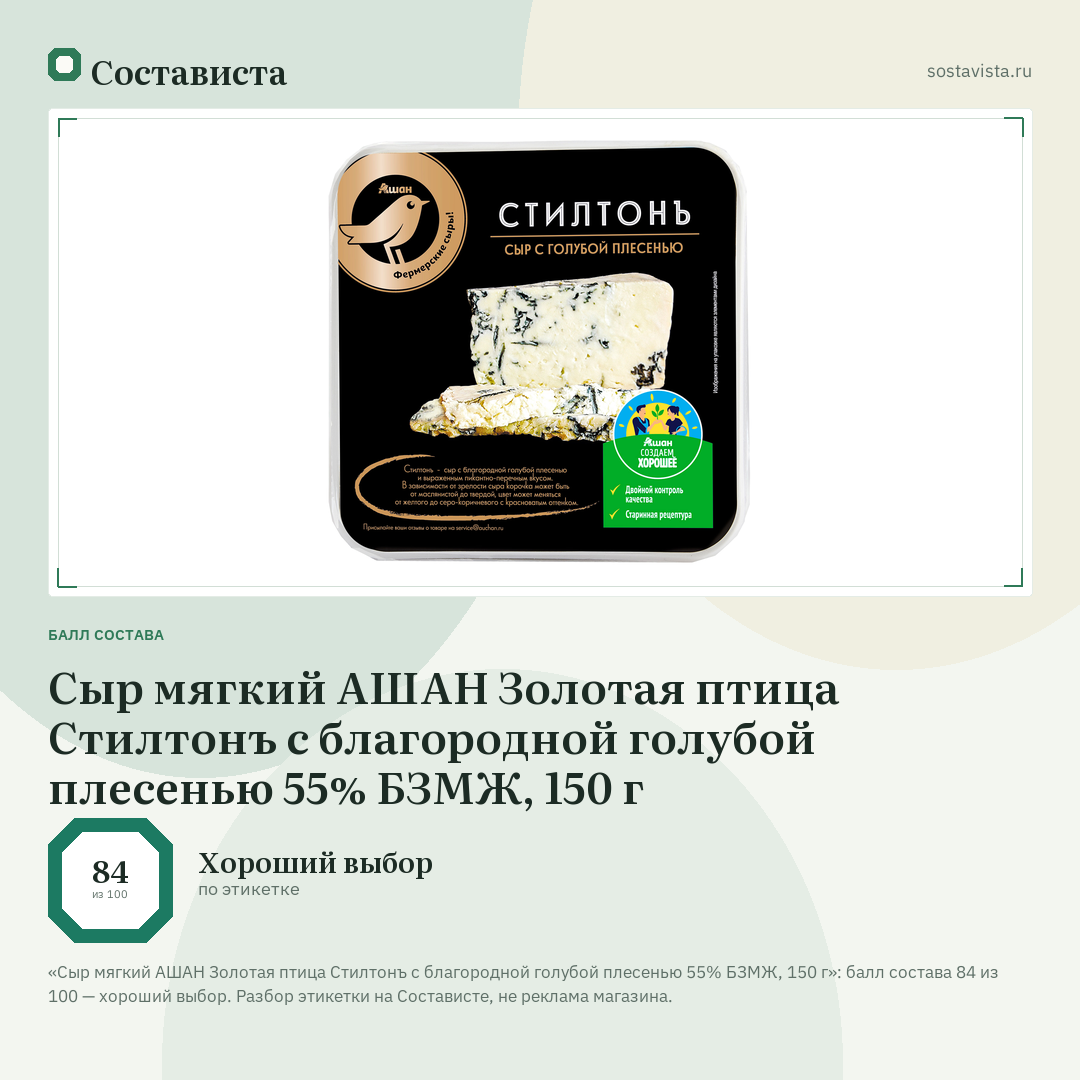 Сыр мягкий АШАН Золотая птица Стилтонъ с благородной голубой плесенью 55% БЗМЖ, 150 г: балл состава 84 из 100 — Состависта