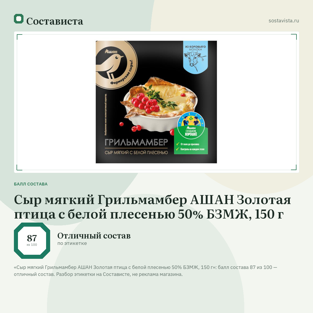 Сыр мягкий Грильмамбер АШАН Золотая птица с белой плесенью 50% БЗМЖ, 150 г: балл состава 87 из 100 — Состависта