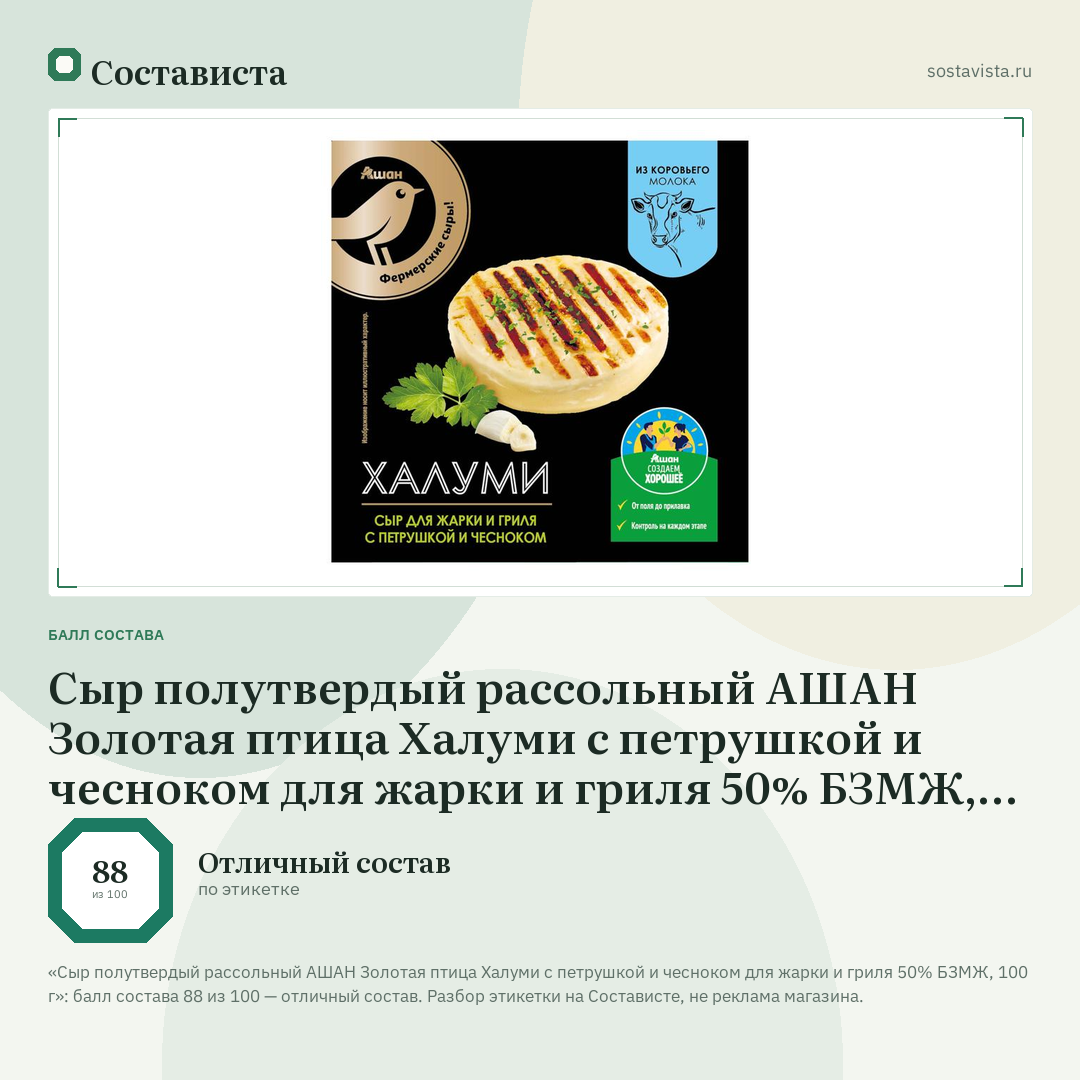Сыр полутвердый рассольный АШАН Золотая птица Халуми с петрушкой и чесноком для жарки и гриля 50% БЗМЖ, 100 г: балл состава 88 из 100 — Состависта