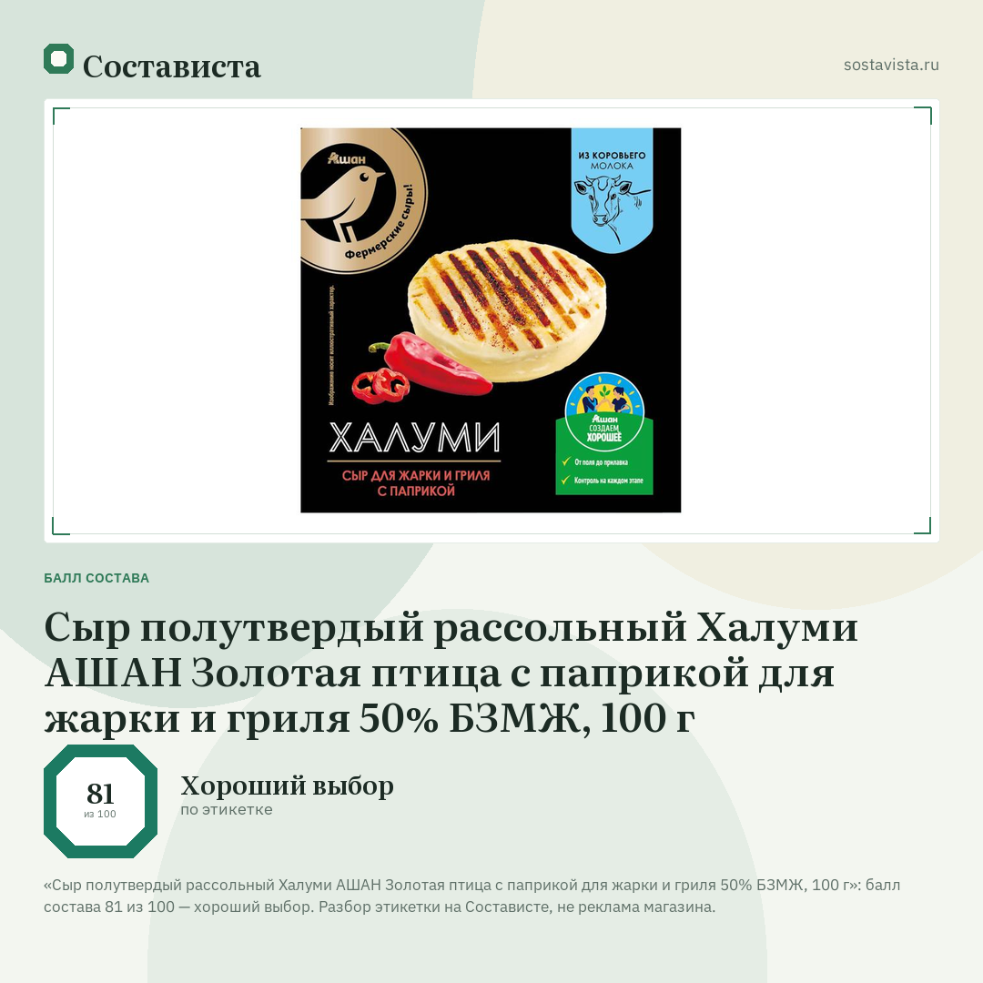 Сыр полутвердый рассольный Халуми АШАН Золотая птица с паприкой для жарки и гриля 50% БЗМЖ, 100 г: балл состава 81 из 100 — Состависта