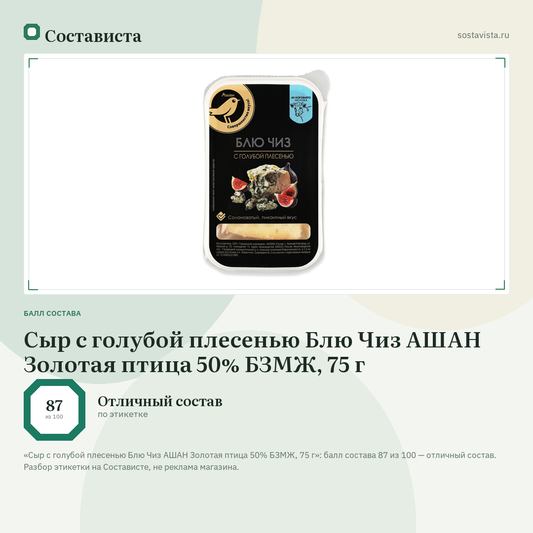 Сыр с голубой плесенью Блю Чиз АШАН Золотая птица 50% БЗМЖ, 75 г: балл состава 87 из 100 — Состависта