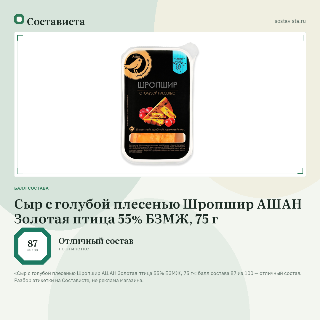 Сыр с голубой плесенью Шропшир АШАН Золотая птица 55% БЗМЖ, 75 г: балл состава 87 из 100 — Состависта